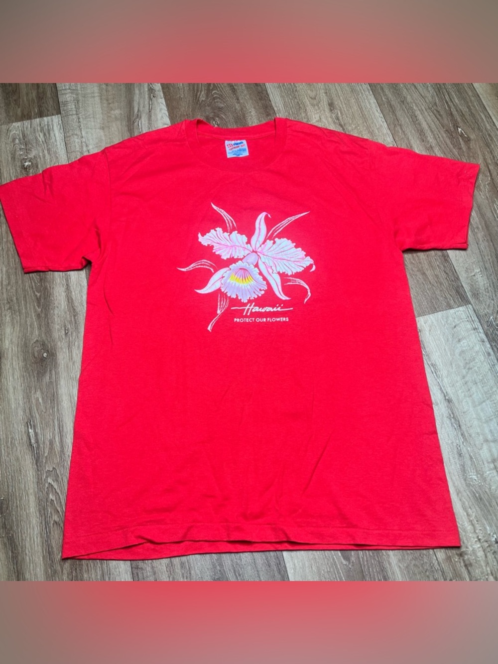 Vintage Hanes Single Stitch T Shirt  - Hawaii Logo Pattern Red - Size Large